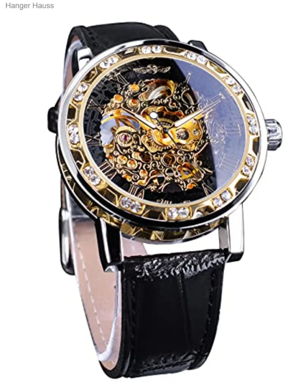 Men's Skeleton Mechanical Watch with Diamond Crystal Carving Flower Dial and